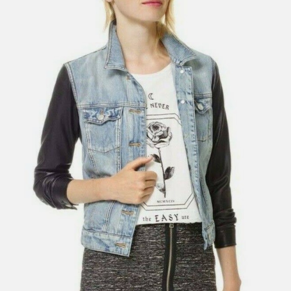 Aritzia: talula leather sleeves jean jacket